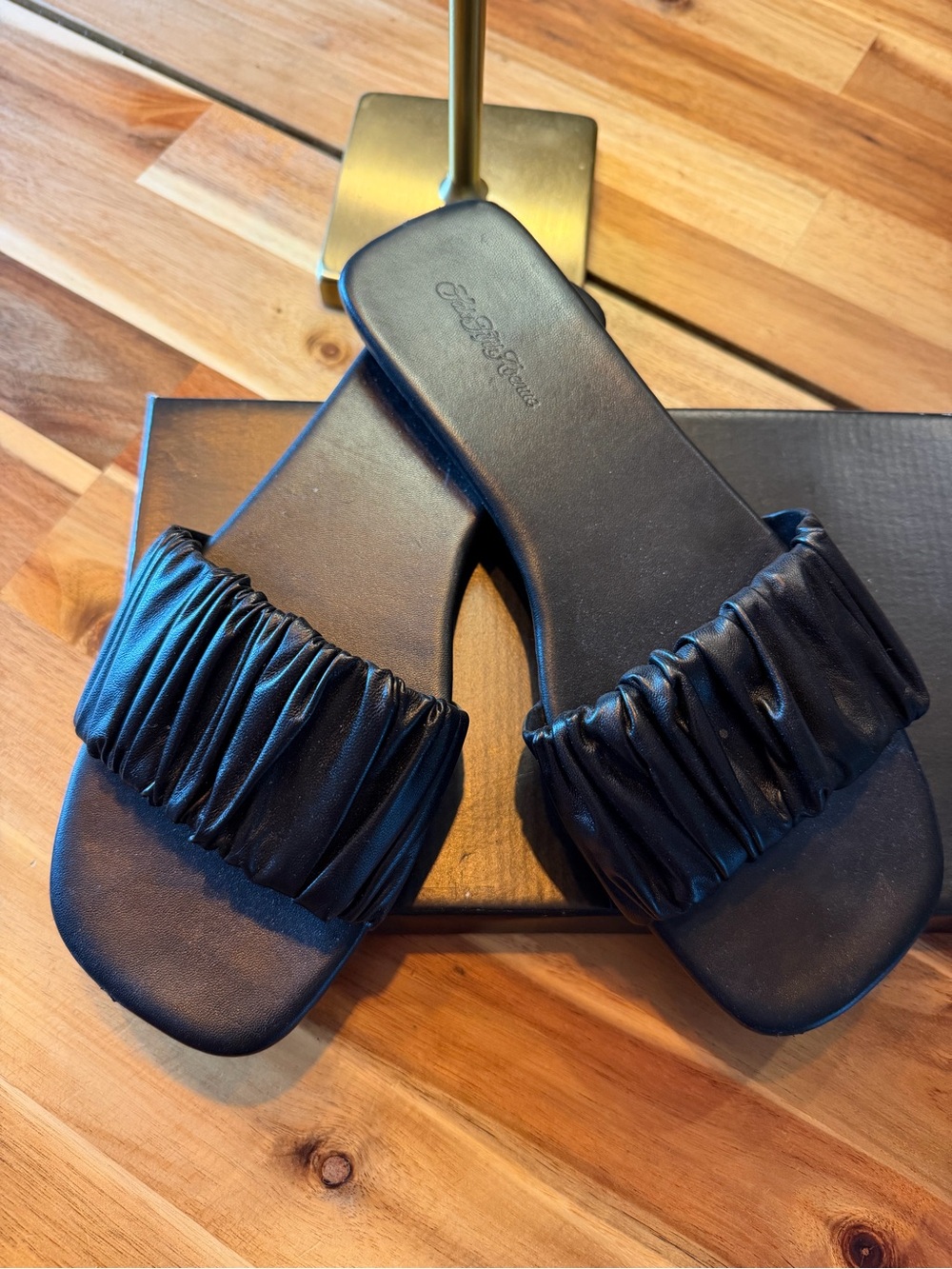 Saks Fifth Avenue Collection Black Ruched Leather Slide Sandal